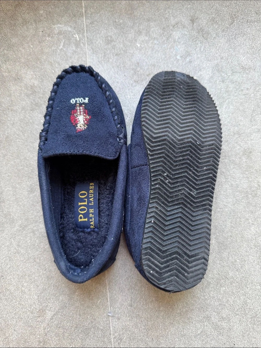 Ralph Lauren Navy Suede Bear Moccasin Slippers